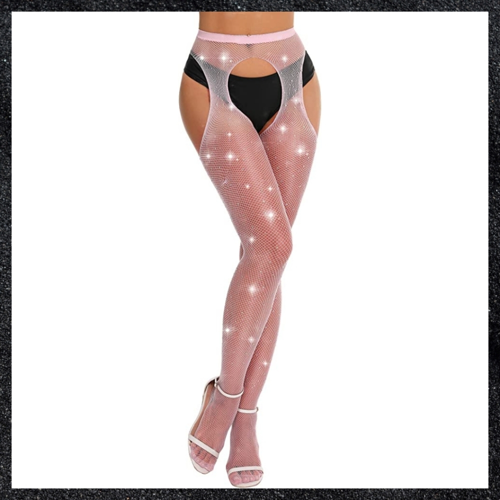 Light Pink Rhinestone Fishnet Crotchless Garter Belt Thigh High Pantyhose